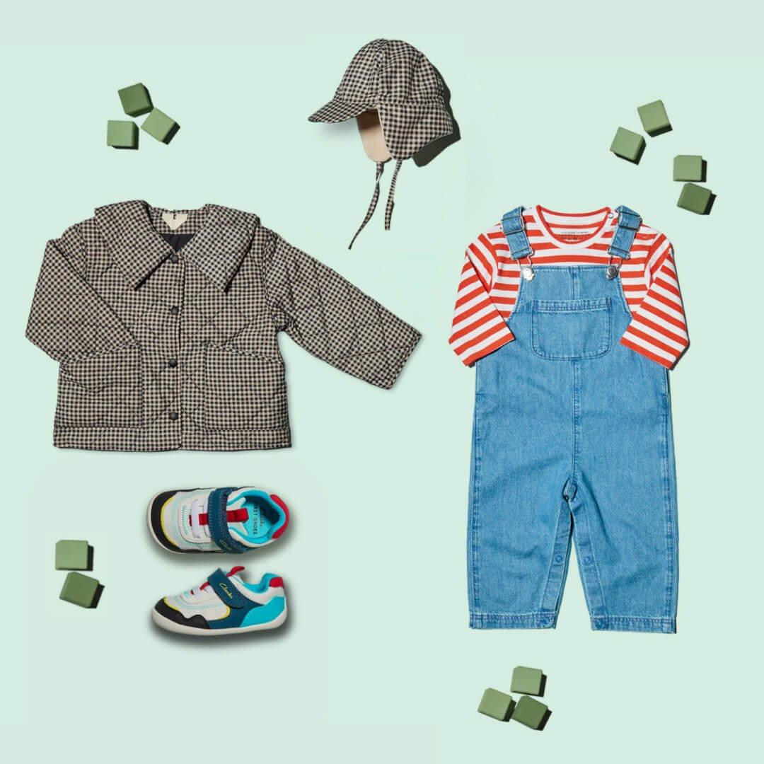 A baby's outfit with a jacket, hat, overalls, and shoes, perfect for keeping the little one cozy and stylish