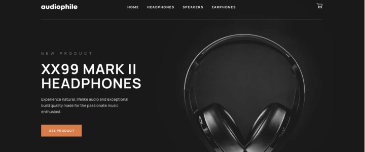 Homepage hero with a black background and a pair of overhead headphones on the right.