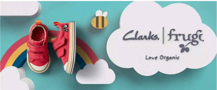 Clarks x Frugi logo on a white cloud with a red pair of shoes on the left