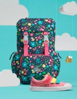 Large dark blue patterned backpack with bright pink straps