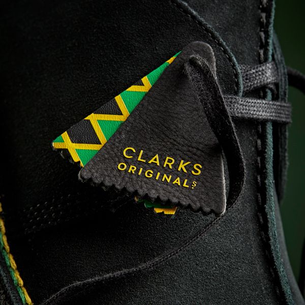Close-up of a shoe with a 'Clarks Orginals' tag.