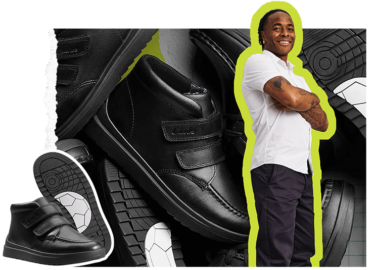 Photo of multiple shoes from the collection with a torn ripped paper edge and a cutout of Raheem Stering with a bright green border.